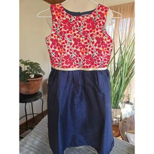 ATUN - Girls Floral Print Dress Navy Blue Sleeveless A-Line Ribbon - Size 9-10